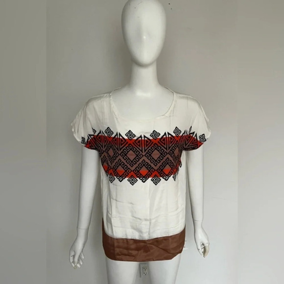 White Chocolate Blouse Top Peasant Beige Geometric  Boho L NWOT - Picture 1 of 7
